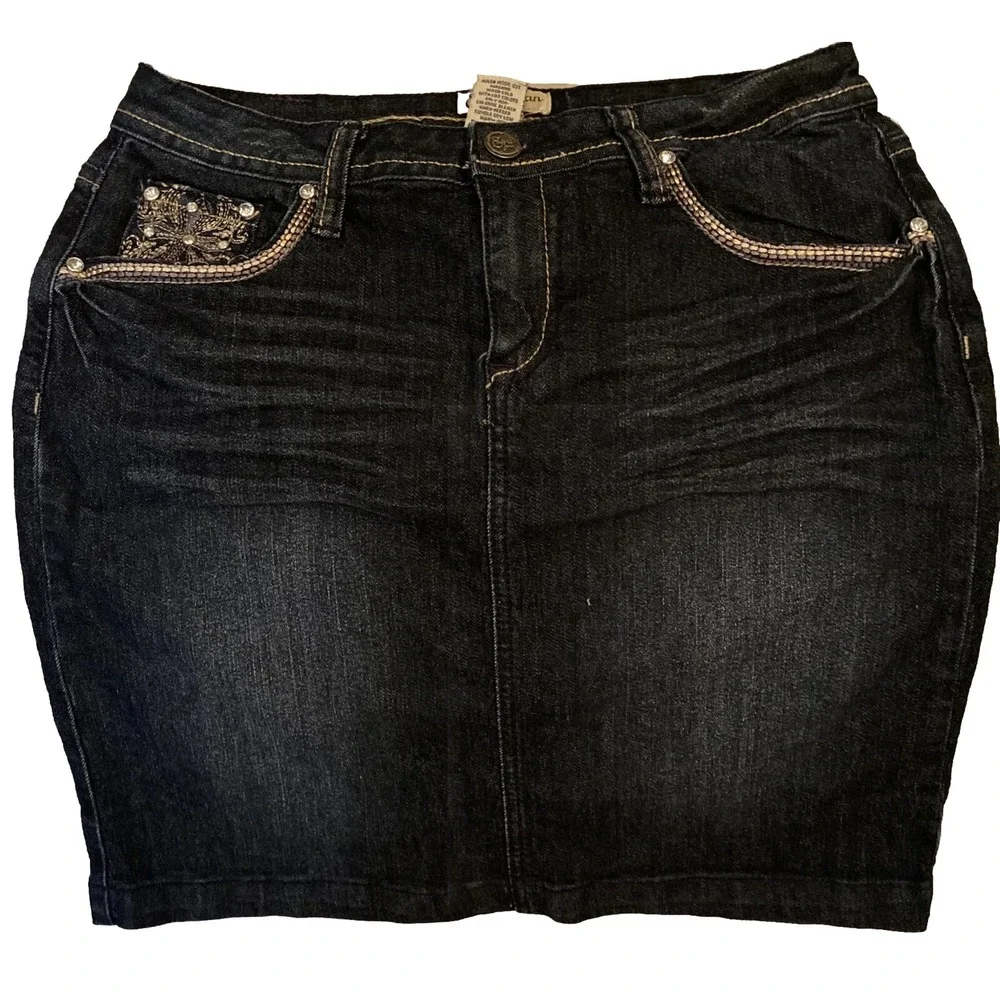 Earl Jean Denim Mini Skirt Bling Cross Dark Wash Country Festival Women's Sz 8